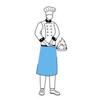 chef com ilustração em vetor plana frigideira. pessoal do restaurante do hotel. preparação de alimentos, processo de cozimento. serviço de catering. trabalhador de cozinha em personagem de desenho animado de avental com contorno em branco