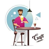 ilustração em vetor cor plana de produção de cerveja artesanal. microcervejaria. pequena cervejaria. cervejeiro caseiro. homem com um copo de cerveja na mesa. cara em bar, pub. personagem de desenho animado isolado em fundo branco