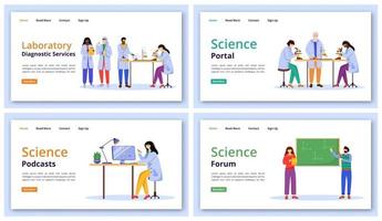 conjunto de modelos de vetor de página de destino de serviços científicos. ideia de interface de site de tecnologia de aprendizagem moderna com ilustrações planas. layout da página inicial de fóruns e portais, banner da web, conceito de desenho da página da web