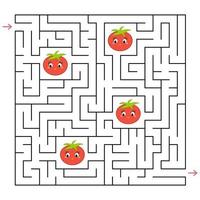 um labirinto quadrado. colete todos os tomates e encontre uma maneira de sair do labirinto. um jogo interessante para crianças. ilustração vetorial plana simples. vetor