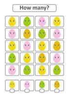jogo de contagem para crianças pré-escolares para o desenvolvimento de habilidades matemáticas. quantos ovos de cores diferentes. com um lugar para respostas. ilustração em vetor plana isolada simples.