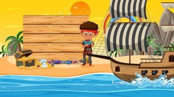 modelo de banner vazio com menino pirata na cena do sol na praia vetor