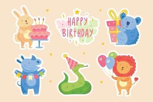 feliz aniversário adesivos animais fofos celebrando juntos coelho coala rinoceronte cobra leão decoração do feriado presente ilustração vetorial de bolo para crianças
