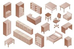 Conjunto de móveis de vetor isométrico. coleção de móveis monocromáticos marrons, renderização em 3d. sala de jantar isométrica, cozinha, conjunto de móveis de quarto.