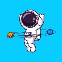 astronauta jogando planeta bola desenho animado vetor ícone ilustração. Ciência tecnologia ícone conceito isolado Prêmio vetor. plano desenho animado estilo