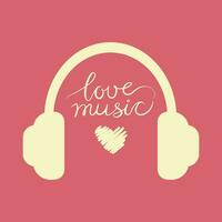 fones de ouvido esboço em Rosa fundo com letras amor música. ouvindo para música dentro fones de ouvido. música terapia. avatar. vetor ilustração