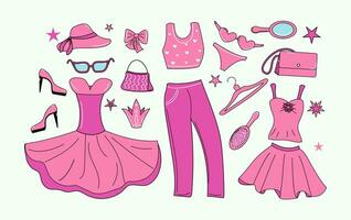 conjunto do Rosa roupas e acessórios. nostálgico barbie core estilo coleção. roupas para Princesa boneca, mulheres verão brilhante saia, vestir, se adequa, bolsa, sapato, oculos de sol e chapéu dentro rabisco estilo. vetor