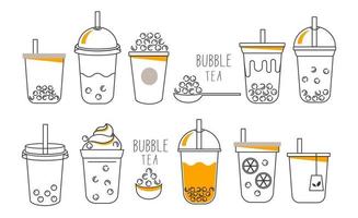 ícone de chá com leite, chá com leite de pérola, chá com leite de Taiwan, bebidas deliciosas, cafés e refrigerantes com conjunto de ícones de estilo doodle. - vetor