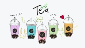 bolha coleção de design de chá de leite, chá de leite de pérola, chá de leite boba, bebidas saborosas, cafés com banner de estilo doodle, ilustração vetorial. vetor