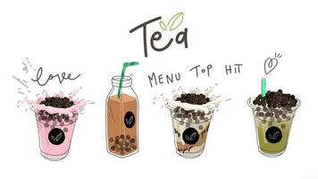 bolha coleção de design de chá de leite, chá de leite de pérola, chá de leite boba, bebidas saborosas, cafés com banner de estilo doodle, ilustração vetorial. vetor