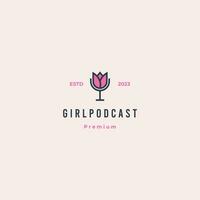 menina podcast logotipo conceito, microfone combinar com tulipa flor logotipo Projeto retro hipster vintage vetor