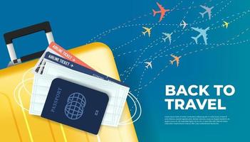 prepare sua bagagem, passaporte, passagem e máscara para o retorno à viagem. pronto para viajar, de volta ao conceito de banner de viagem. vetor