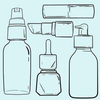 mão desenhado cosméticos produtos. coleções do pele saúde e beleza ilustrações, spa salão e auto Cuidado sinais. isolado vetor definir.