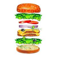 vôo saboroso hamburguer com ingredientes, aguarela comida rápida ilustração. vetor