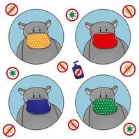 conjunto de hipopótamos em máscaras vermelhas, amarelas, verdes e azuis com desinfetante e vírus vetor