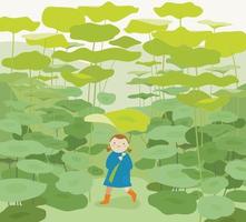 uma criança está caminhando por uma enorme floresta de folhas de lótus usando um guarda-chuva de folhas de lótus. ilustrações de desenho vetorial.