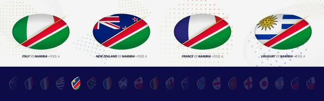 rúgbi concorrência ícones do Namíbia rúgbi nacional equipe, todos quatro fósforos ícone dentro piscina. vetor