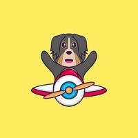 lindo cachorro voando em um avião. conceito de desenho animado animal isolado. pode ser usado para t-shirt, cartão de felicitações, cartão de convite ou mascote. estilo cartoon plana vetor