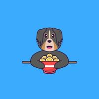 cachorro bonito comendo macarrão ramen. conceito de desenho animado animal isolado. pode ser usado para t-shirt, cartão de felicitações, cartão de convite ou mascote. estilo cartoon plana vetor