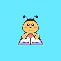 abelha bonita lendo um livro. conceito de desenho animado animal isolado. pode ser usado para t-shirt, cartão de felicitações, cartão de convite ou mascote. estilo cartoon plana vetor