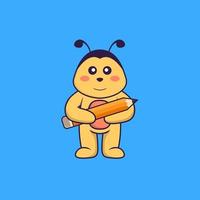 abelha bonita segurando um lápis. conceito de desenho animado animal isolado. pode ser usado para t-shirt, cartão de felicitações, cartão de convite ou mascote. estilo cartoon plana vetor