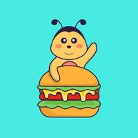 bonito abelha comendo hambúrguer. conceito de desenho animado animal isolado. pode ser usado para t-shirt, cartão de felicitações, cartão de convite ou mascote. estilo cartoon plana vetor