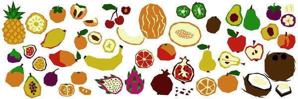 uma conjunto do estilizado geométrico frutas todo e dentro seção. natural orgânico tropical produtos - abacaxi, coco, mamão, maçã, manga, romã, pêssego, abacate e outros. vetor plano ilustração