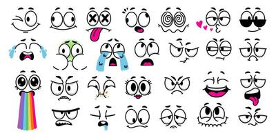 desenho animado facial expressões. quadrinho rostos com caricatura olhos, rabisco sobrancelhas e boca para 1970 animação estilo personagem Projeto vetor conjunto
