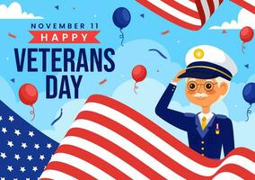 feliz veteranos dia vetor ilustração em 11 novembro com EUA bandeira e soldados para honrando todos quem servido dentro plano crianças desenho animado fundo