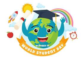 mundo alunos dia vetor ilustração em Outubro 15 com estudante, livro, globo e Mais para rede bandeira ou poster dentro crianças desenho animado fundo Projeto
