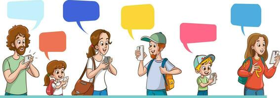 social rede virtual relacionamentos conceito. plano pessoas personagens conversando através da Internet usando Smartphone. grupo do homens, mulheres e crianças com Móvel telefones. vetor ilustração