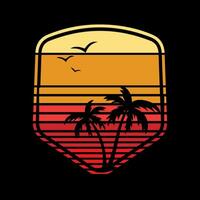 vintage retro estilo tropical pôr do sol com Palma árvore e pássaros vetor