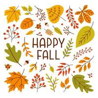 colorida outono coleção do estação folhas, Rowan bagas galhos e nozes isolado em uma branco fundo. feliz outono bandeira. vetor desenho animado ilustração