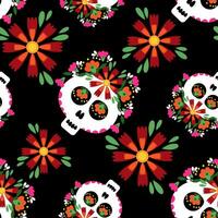 mexicano açúcar crânio com flores desatado padronizar em Preto fundo vetor