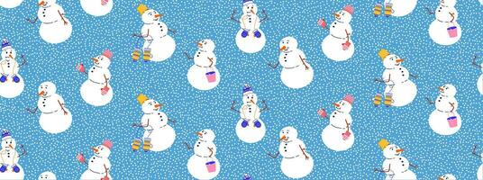 desatado fundo com engraçado bonecos de neve. vetor fundo com boneco de neve e neve personagens. plano ilustração dentro retro estilo.