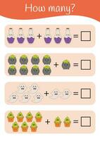 matemática contando fichas de trabalho para crianças. dia das Bruxas matemático Adição, subtração, lógica quebra-cabeças para pré escola, jardins de infância, cedo criança desenvolvimento e Educação escolar em casa. matemática jogo, educacional atividade. vetor