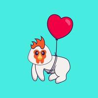 frango bonito voando com balões em forma de amor. conceito de desenho animado animal isolado. pode ser usado para t-shirt, cartão de felicitações, cartão de convite ou mascote. estilo cartoon plana vetor