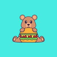 rato fofo comendo hambúrguer. conceito de desenho animado animal isolado. pode ser usado para t-shirt, cartão de felicitações, cartão de convite ou mascote. estilo cartoon plana vetor