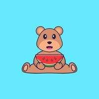 urso bonito comendo melancia. conceito de desenho animado animal isolado. pode ser usado para t-shirt, cartão de felicitações, cartão de convite ou mascote. estilo cartoon plana vetor
