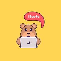 urso fofo está assistindo a um filme. conceito de desenho animado animal isolado. pode ser usado para t-shirt, cartão de felicitações, cartão de convite ou mascote. estilo cartoon plana vetor