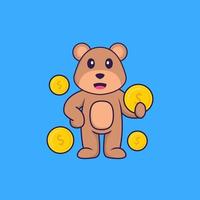 fofo urso segurando moedas. conceito de desenho animado animal isolado. pode ser usado para t-shirt, cartão de felicitações, cartão de convite ou mascote. estilo cartoon plana vetor