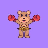 urso fofo em traje de boxeador com cinto de campeão. conceito de desenho animado animal isolado. pode ser usado para t-shirt, cartão de felicitações, cartão de convite ou mascote. estilo cartoon plana vetor