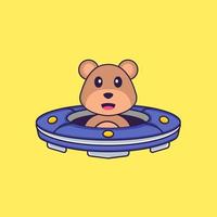 urso bonito dirigindo a nave espacial ufo. conceito de desenho animado animal isolado. pode ser usado para t-shirt, cartão de felicitações, cartão de convite ou mascote. estilo cartoon plana vetor