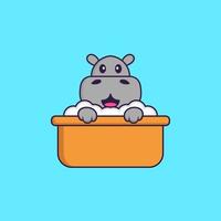 hipopótamo fofo tomando banho na banheira. conceito de desenho animado animal isolado. pode ser usado para t-shirt, cartão de felicitações, cartão de convite ou mascote. estilo cartoon plana vetor