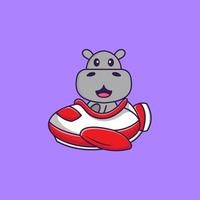 hipopótamo bonito voando em um avião. conceito de desenho animado animal isolado. pode ser usado para t-shirt, cartão de felicitações, cartão de convite ou mascote. estilo cartoon plana vetor