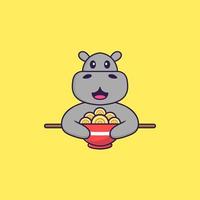 hipopótamo fofo comendo macarrão ramen. conceito de desenho animado animal isolado. pode ser usado para t-shirt, cartão de felicitações, cartão de convite ou mascote. estilo cartoon plana vetor