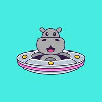 hipopótamo fofo dirigindo a nave espacial ufo. conceito de desenho animado animal isolado. pode ser usado para t-shirt, cartão de felicitações, cartão de convite ou mascote. estilo cartoon plana vetor