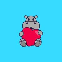 hipopótamo fofo segurando um grande coração vermelho. conceito de desenho animado animal isolado. pode ser usado para t-shirt, cartão de felicitações, cartão de convite ou mascote. estilo cartoon plana vetor