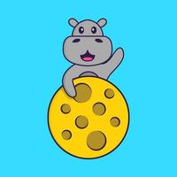 hipopótamo fofo está na lua. conceito de desenho animado animal isolado. pode ser usado para t-shirt, cartão de felicitações, cartão de convite ou mascote. estilo cartoon plana vetor