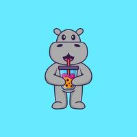 hipopótamo fofo bebendo chá com leite de boba. conceito de desenho animado animal isolado. pode ser usado para t-shirt, cartão de felicitações, cartão de convite ou mascote. estilo cartoon plana vetor